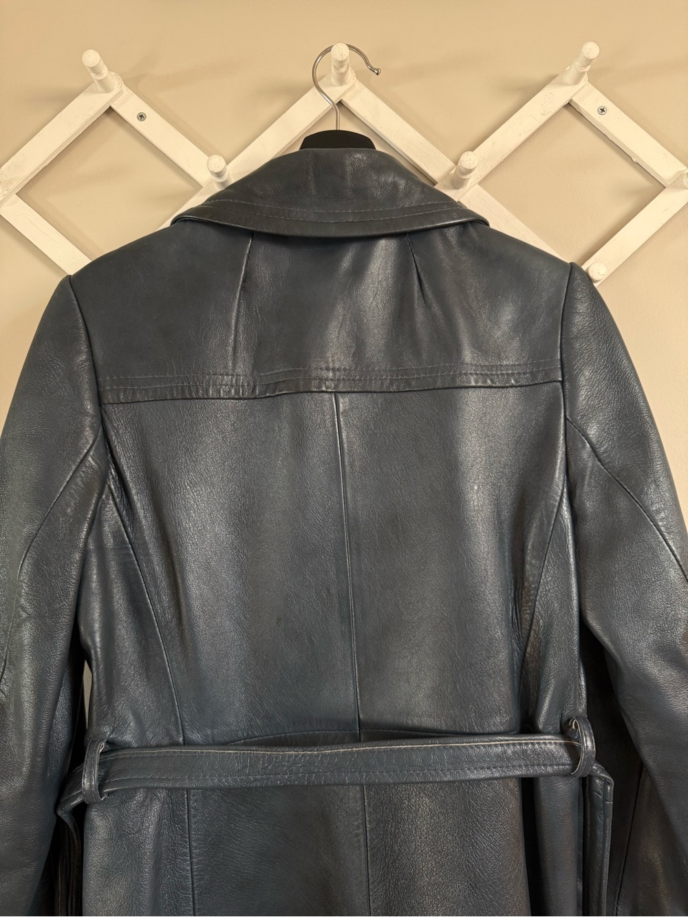 Vintage Genuine Leather Long Cool Dark Blue Belted Trench Coat Jacket - Picture 7 of 11